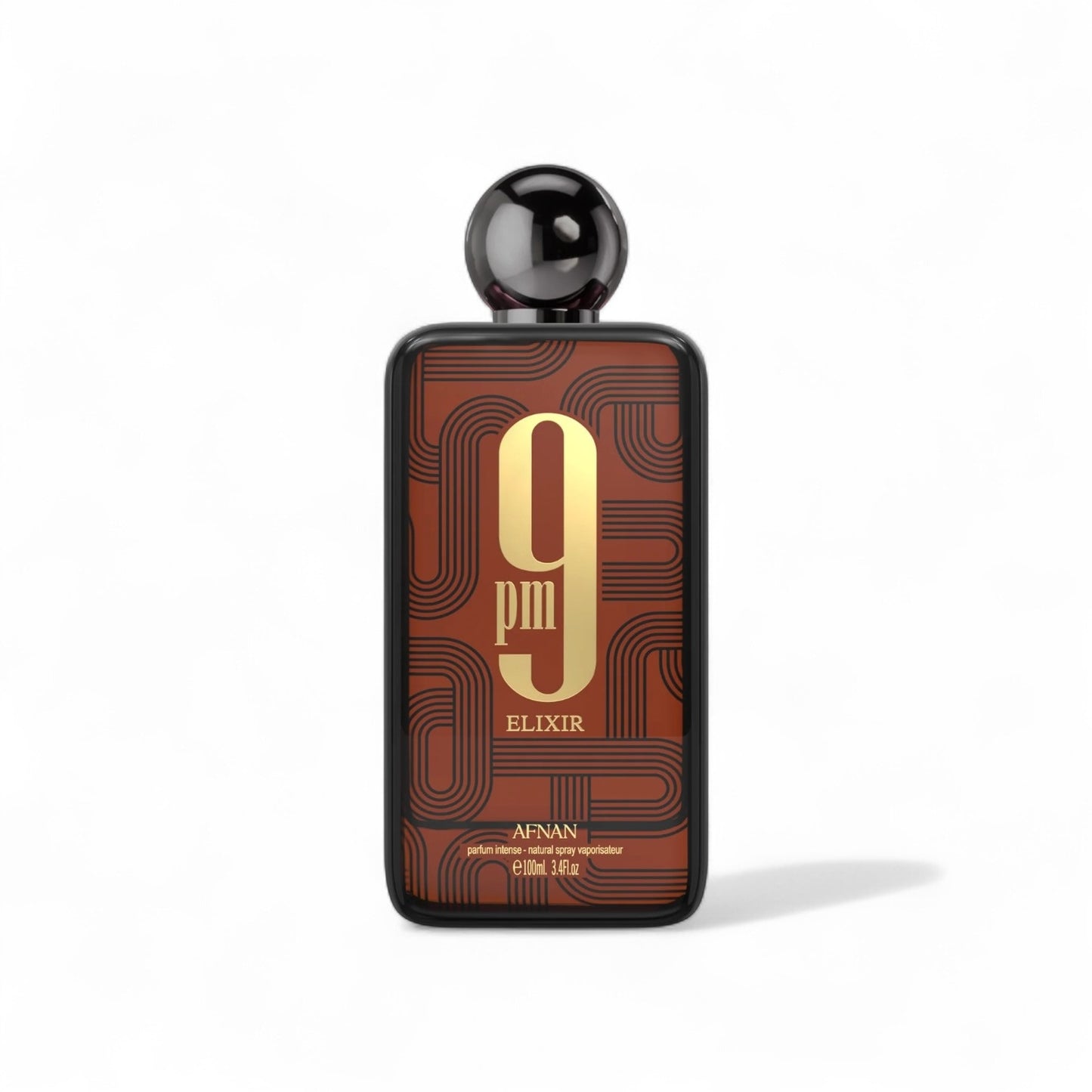 Orijent Parfimerija 9pm Elixir by Afnan, a rich brown fragrance bottle with gold accents and a black cap.