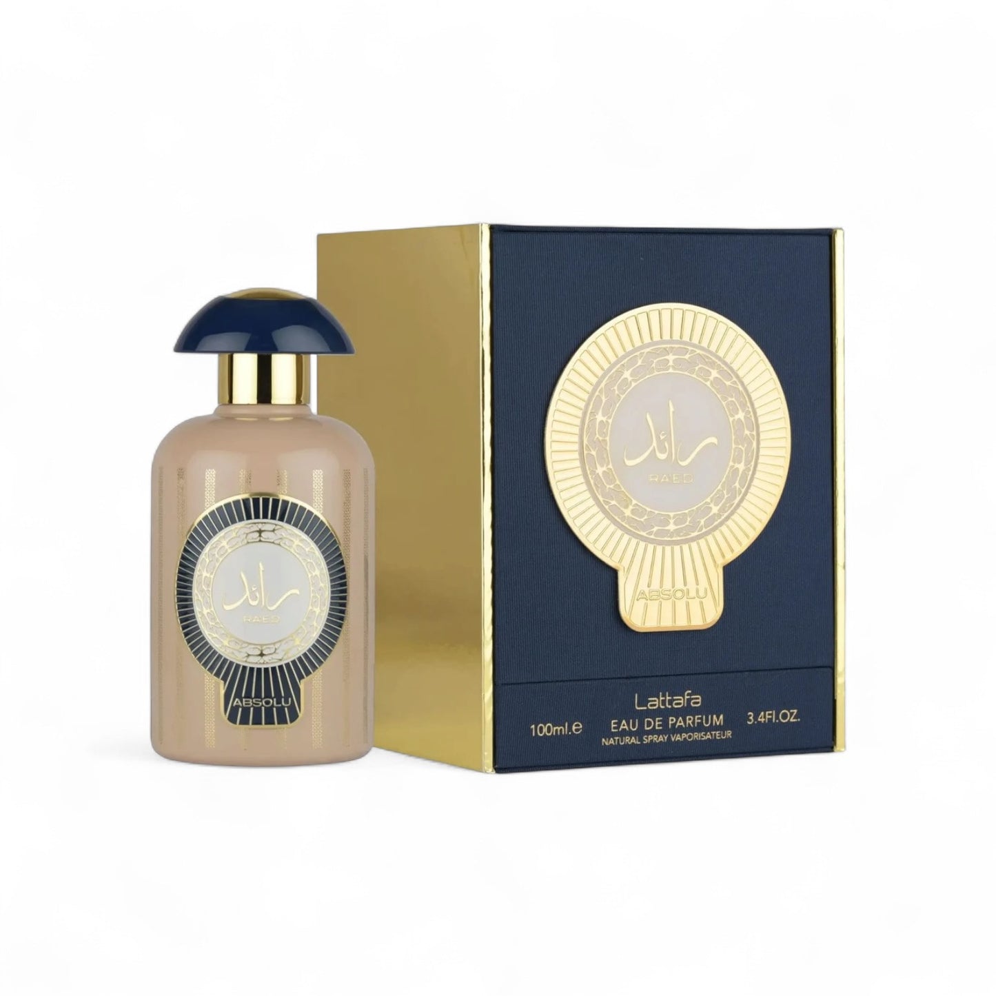 Orijent Parfimerija Absolu Eau de Parfum in a beige bottle with gold accents and a dark blue cap. The bottle is next to its navy and gold box.