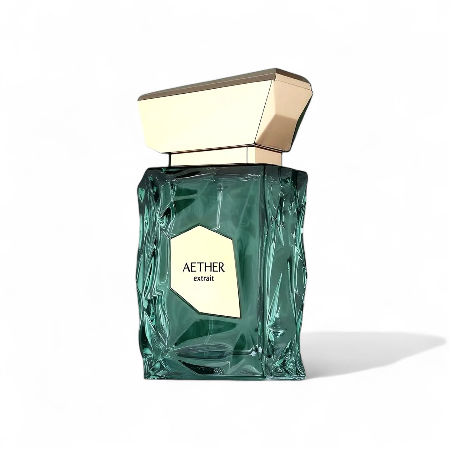 Orijent Parfimerija Aether Extrait, a luxurious green glass perfume bottle with a gold cap and textured sides.