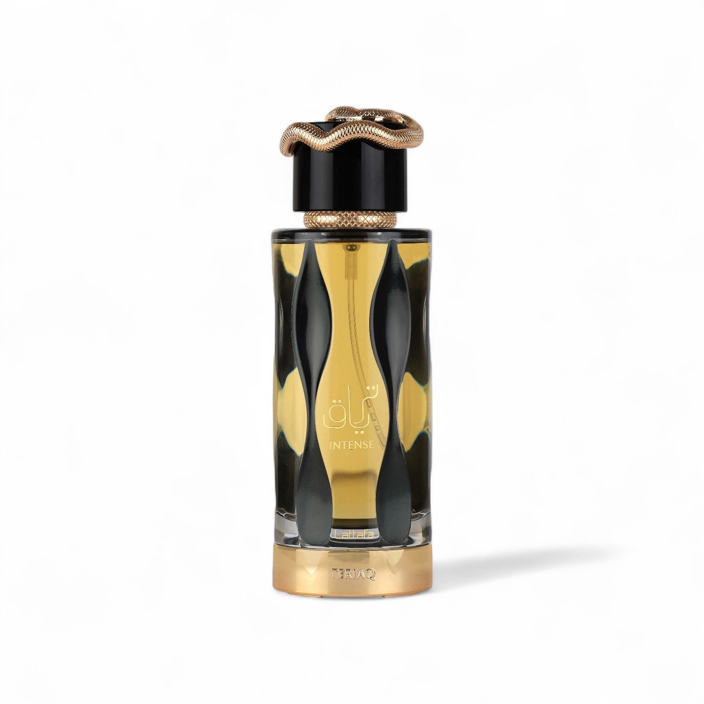 Orijent Parfimerija Lynked by Afnan Eau de Parfum in clear glass bottle with gold snake cap and ornate gold base.