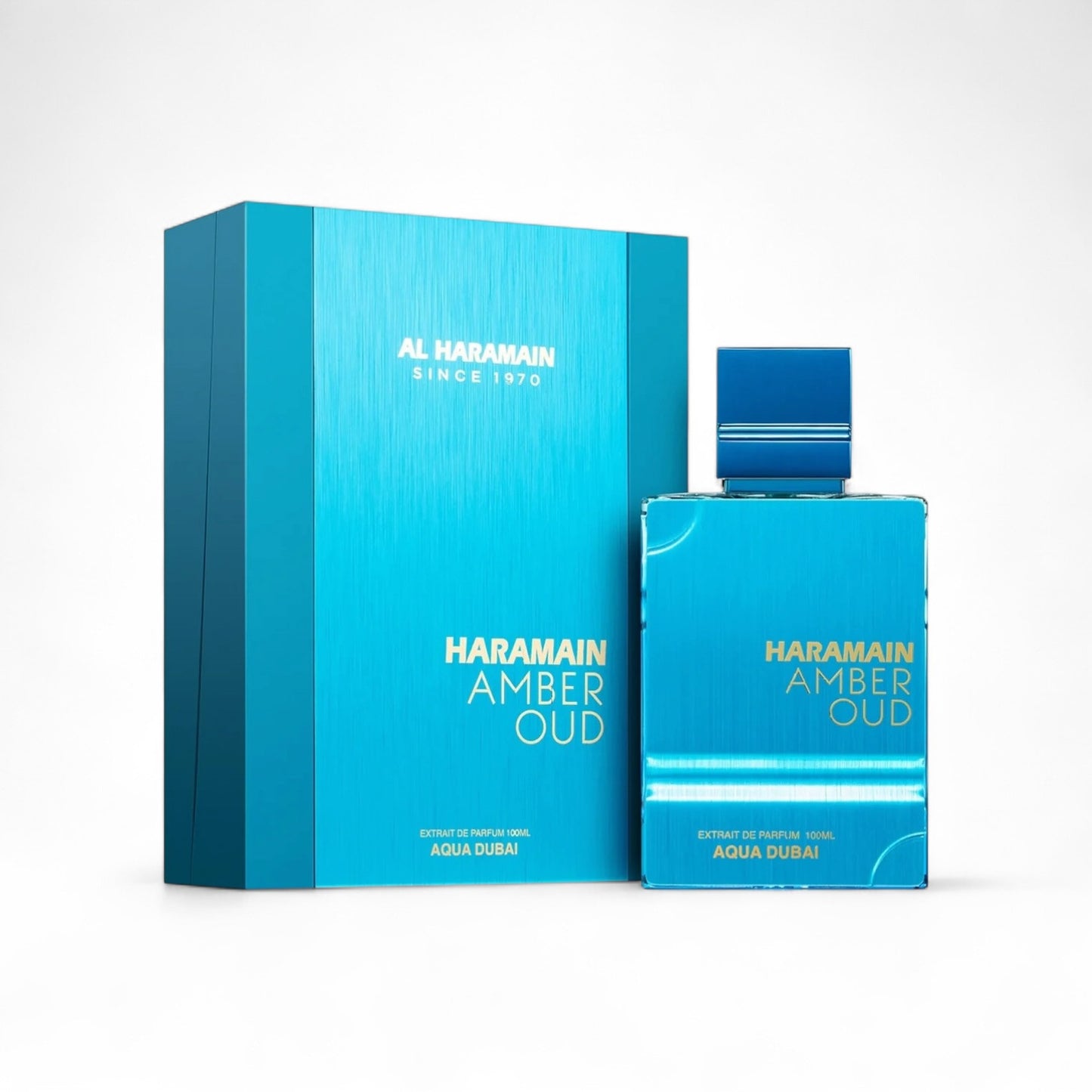 Orijent Parfimerija Amber Oud by Al Haramain, 100ml Extrait de Parfum Aqua Dubai. Blue bottle with gold text and cap, presented with matching blue box.