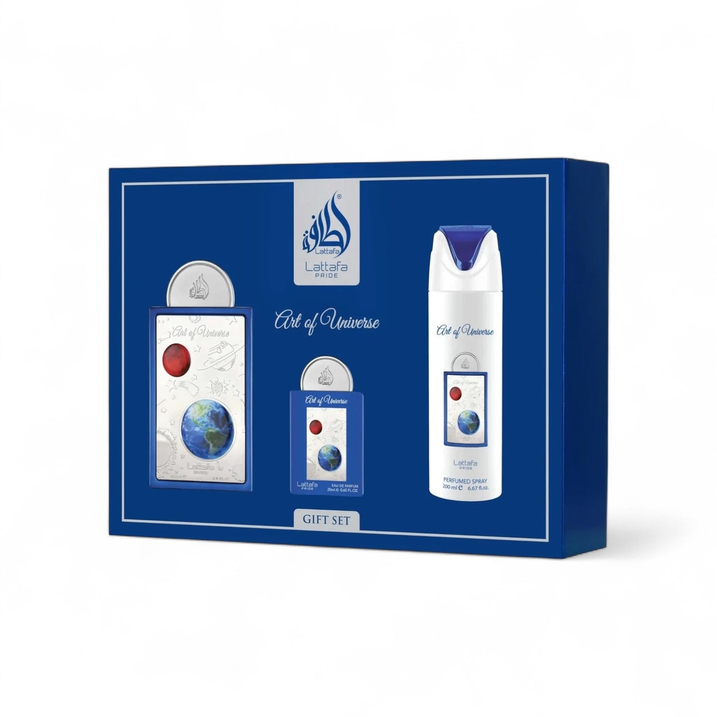 Orijent Parfimerija Art of Universe gift set featuring a perfume bottle and perfumed spray in a blue box with planet Earth graphics.