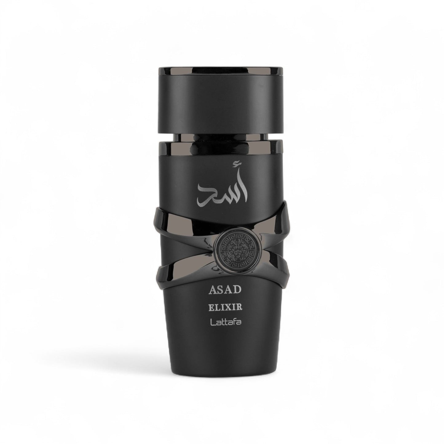 Orijent Parfimerija Asad Elixir Lattafa black matte fragrance bottle with ornate gold cap and dark metallic accents.