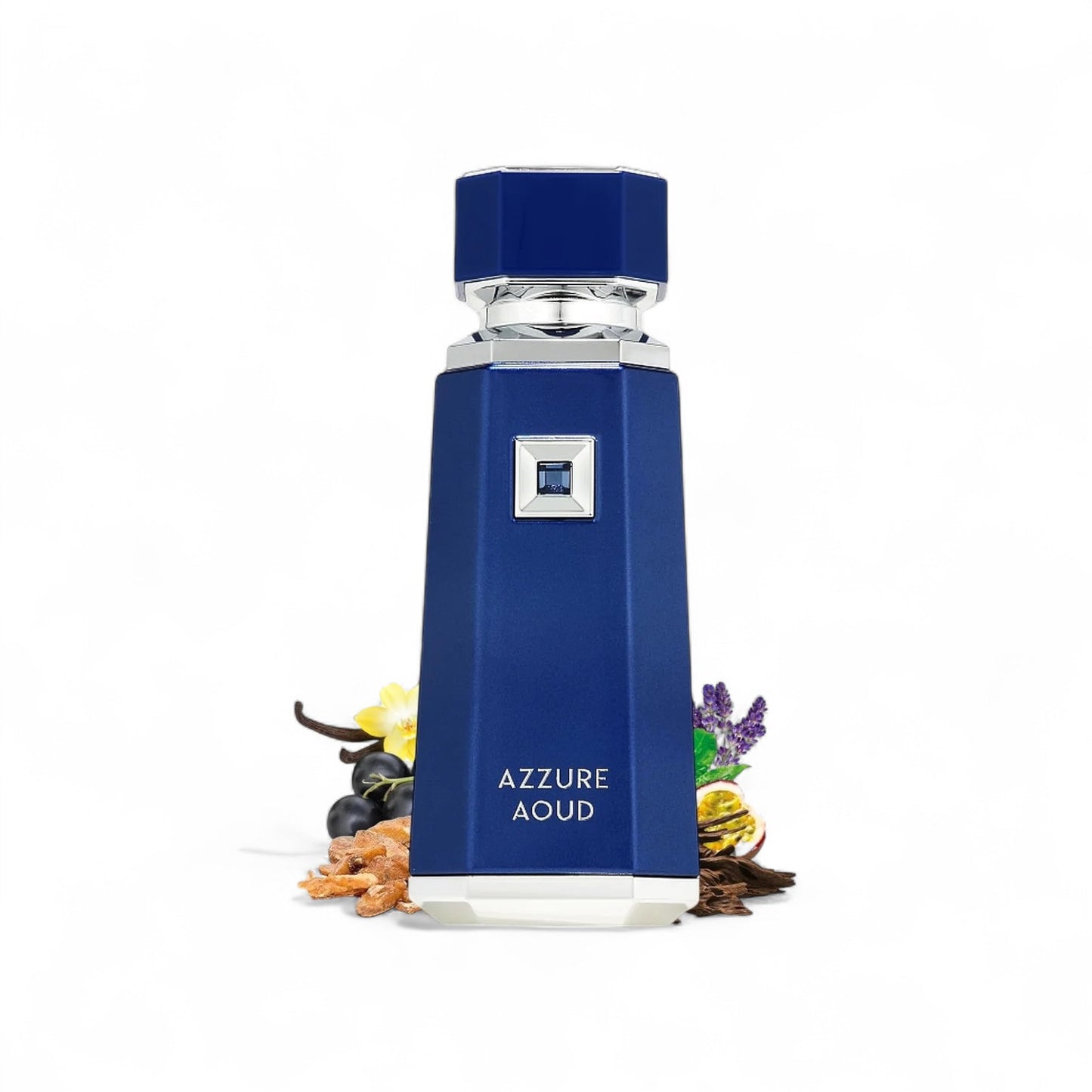 Orijent Parfimerija Azzure Aoud Eau de Parfum in a blue faceted bottle with gold cap, adorned with a blue gem. Ingredients like vanilla, grapes, and lavender surround the bottle.