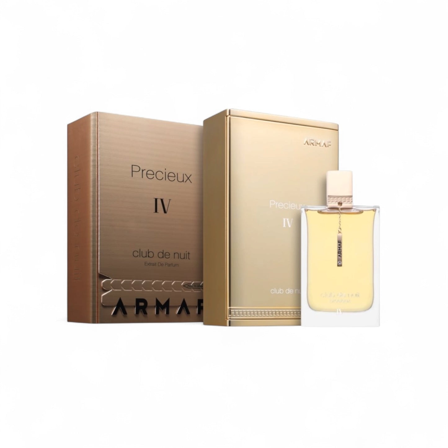 Orijent Parfimerija's Club de Nuit Precious IV Extrait De Parfum in a clear glass bottle with gold cap, presented in a gold box.