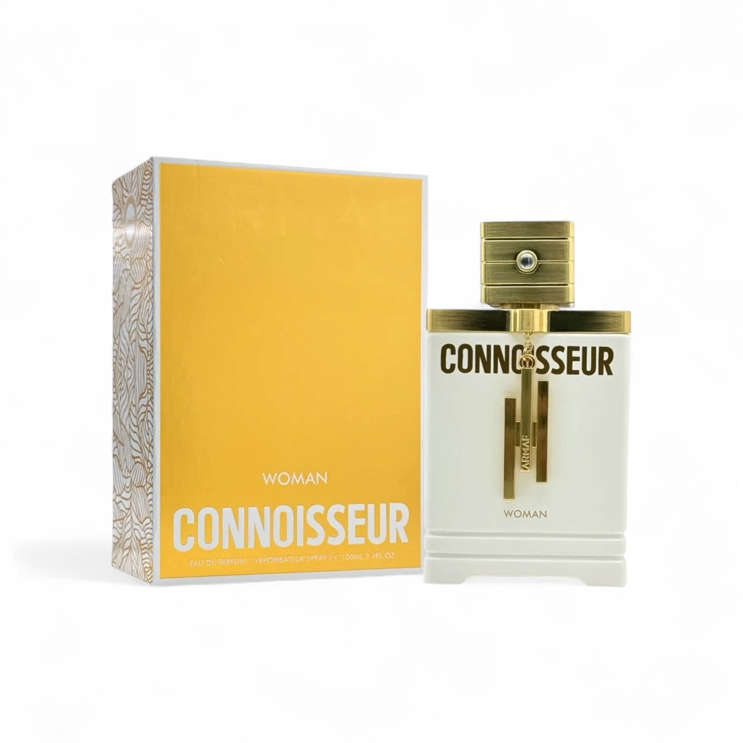 Orijent Parfimerija Connoisseur Woman Eau de Parfum 100ml, white bottle with gold accents and ornate cap, presented with a yellow and gold patterned box.