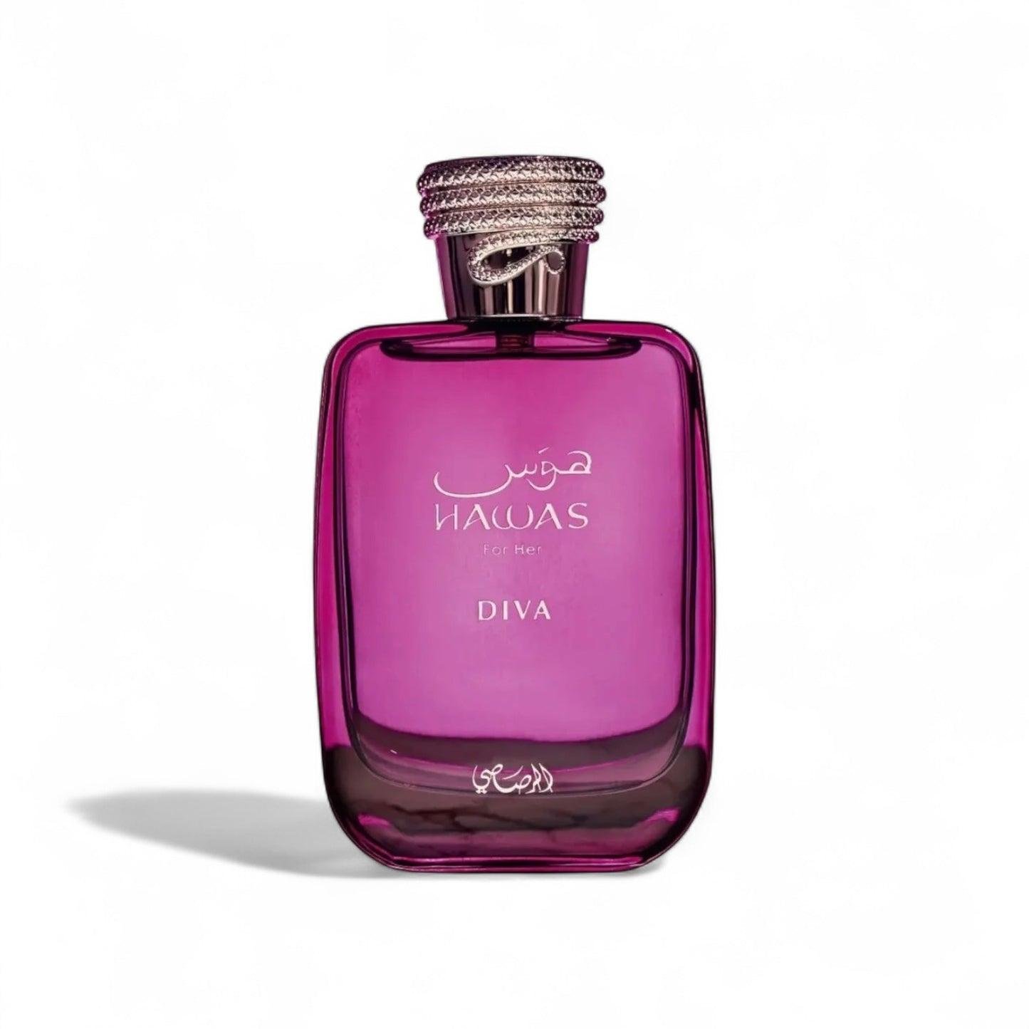 Orijent Parfimerija Diva perfume for her, a vibrant pink glass bottle with an ornate gold cap and Arabic script.