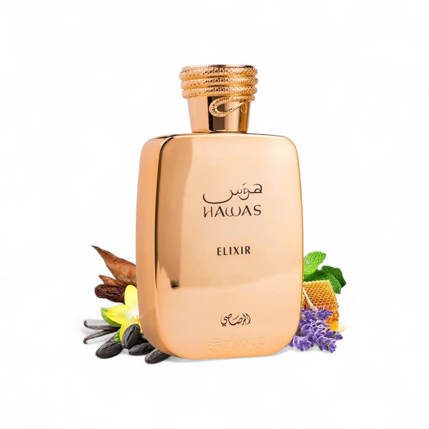 Orijent Parfimerija Hawas Elixir fragrance bottle with gold cap, surrounded by vanilla beans, lavender, and honeycomb.