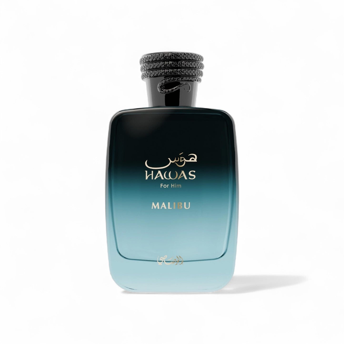 Orijent Parfimerija Hawas for Him Malibu Eau de Parfum in a clear glass bottle with a gradient blue to black finish and an ornate black cap.