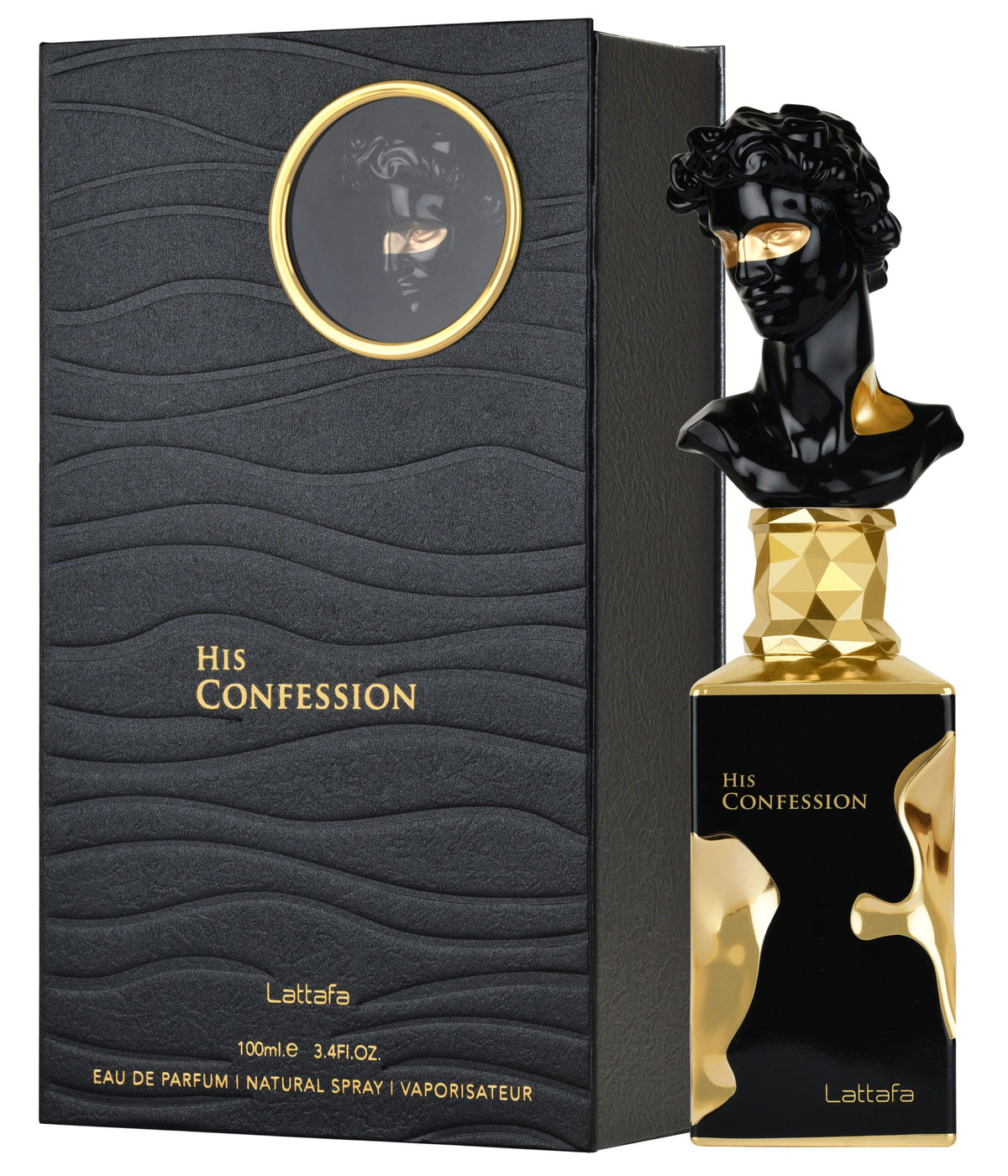 Orijent Parfimerija Lattafa His Confession 100ml perfume bottle with black and gold bust cap next to textured box