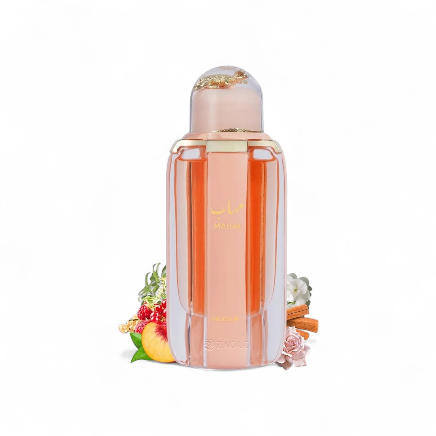 Orijent Parfimerija Mahar Nusuk Eau de Parfum in a clear glass bottle with rose gold accents and gold cap. Features fruit and spice accents.