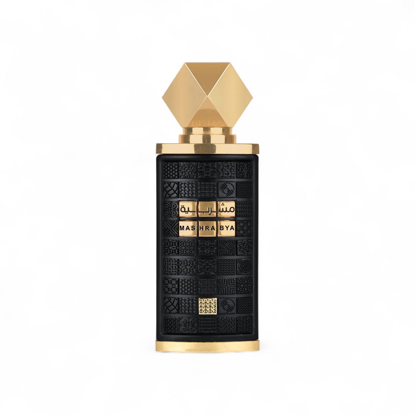 Orijent Parfimerija Mashrabiya black textured bottle with gold cap and accents, luxury fragrance.