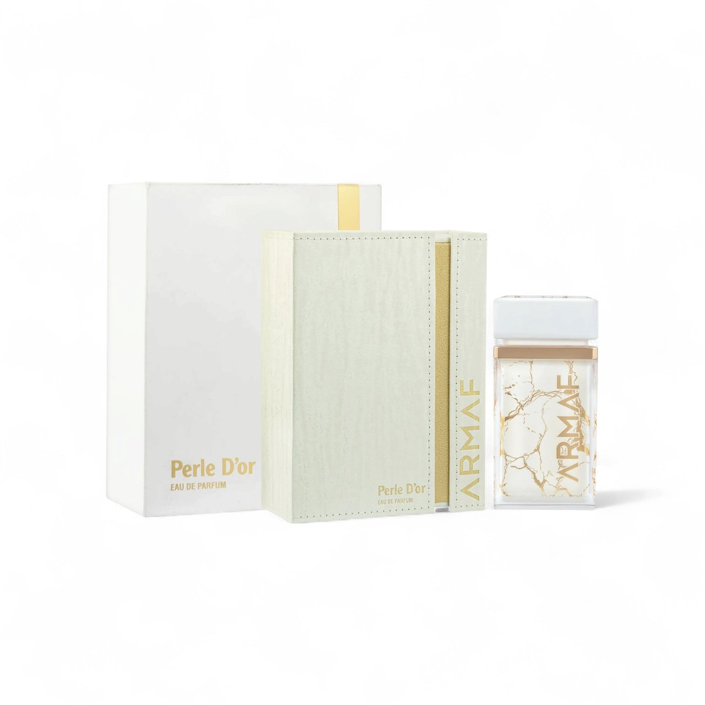 Orijent Parfimerija Perle D'Or Eau de Parfum in a clear glass bottle with gold accents and a marble-effect design, presented with its packaging.