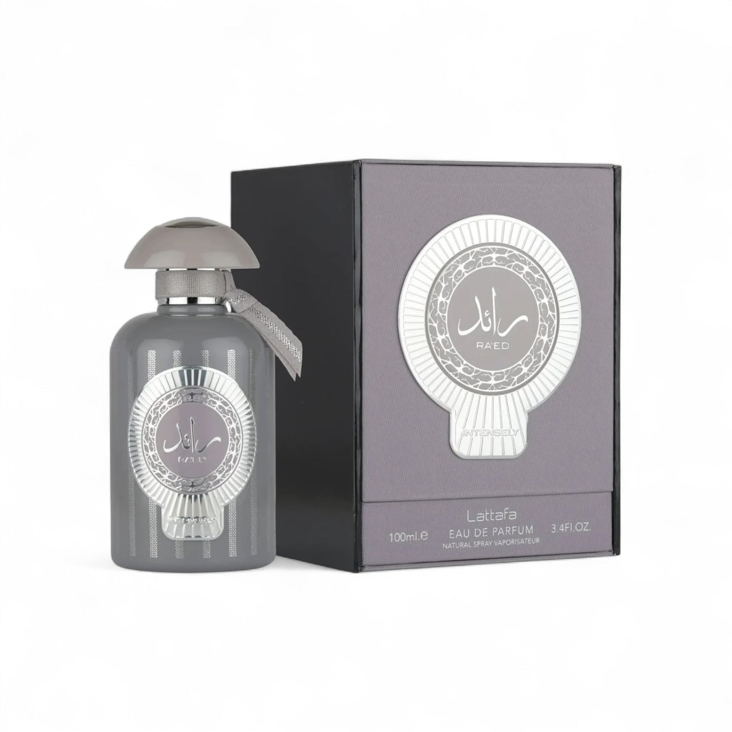 Orijent Parfimerija Ra'ed Eau de Parfum 100ml, grey bottle with ornate silver emblem and grey cap, presented with its grey box.