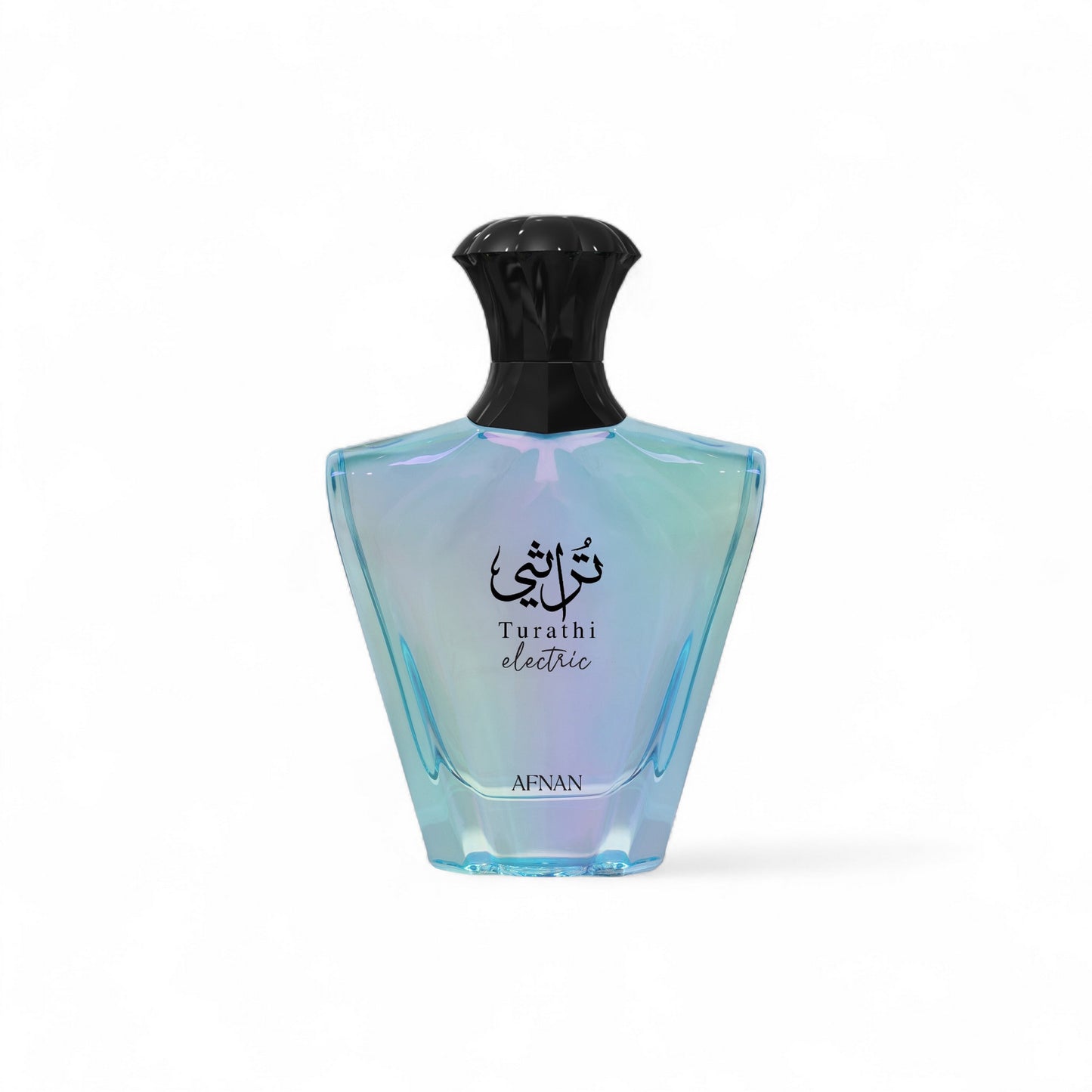 Orijent Parfimerija Turathi Electric by Afnan, iridescent glass bottle with black cap, luxury fragrance.