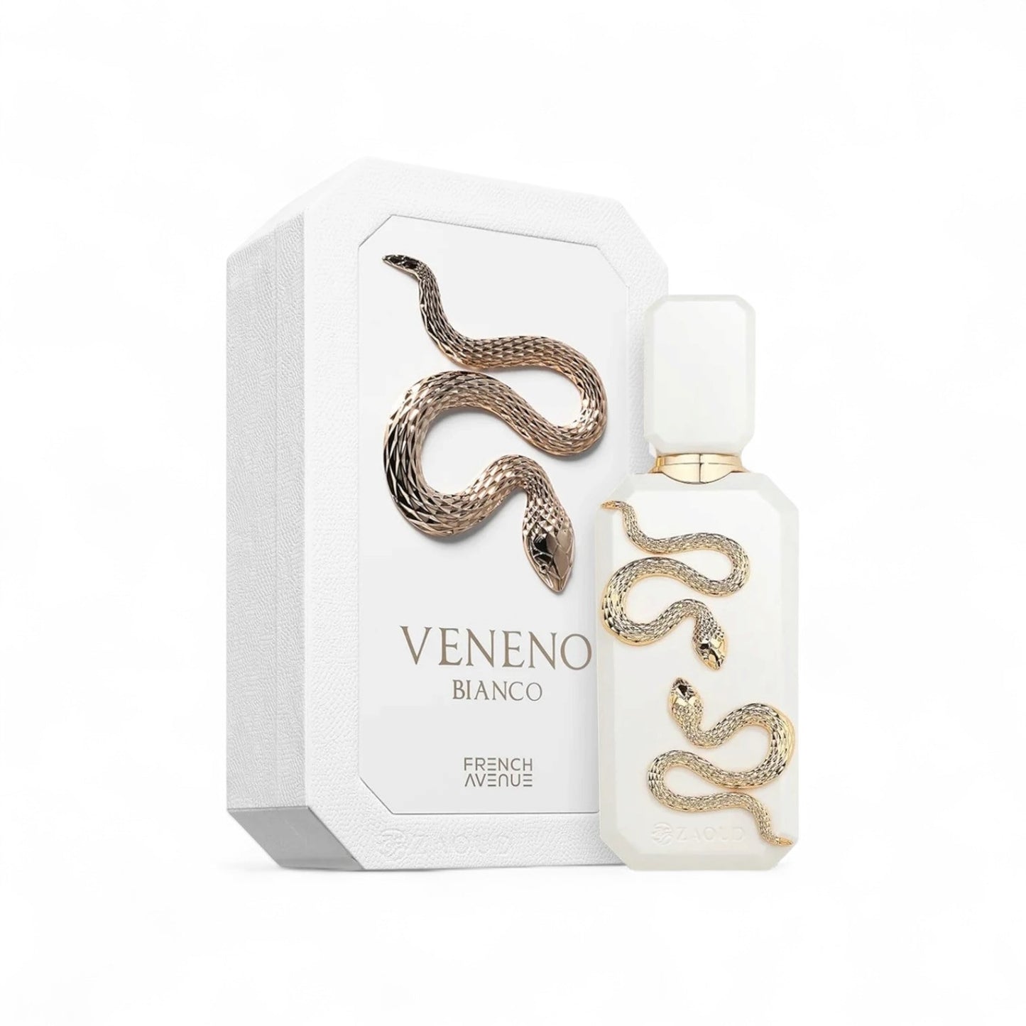 Orijent Parfimerija Veneno Bianco perfume bottle and box, featuring gold snake embellishments and ornate gold cap.