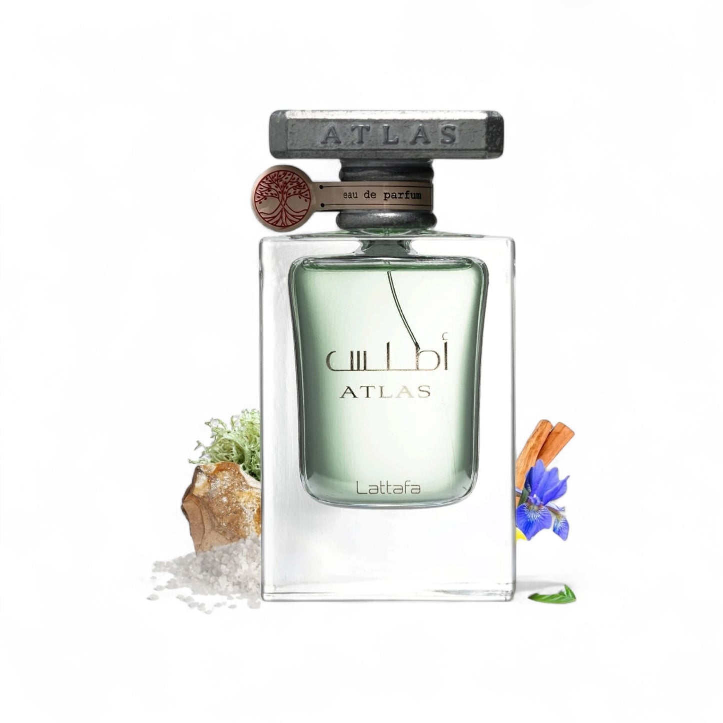Orijent Parfimerija Atlas Eau de Parfum for men and women, clear glass bottle with grey cap, green liquid, natural elements.