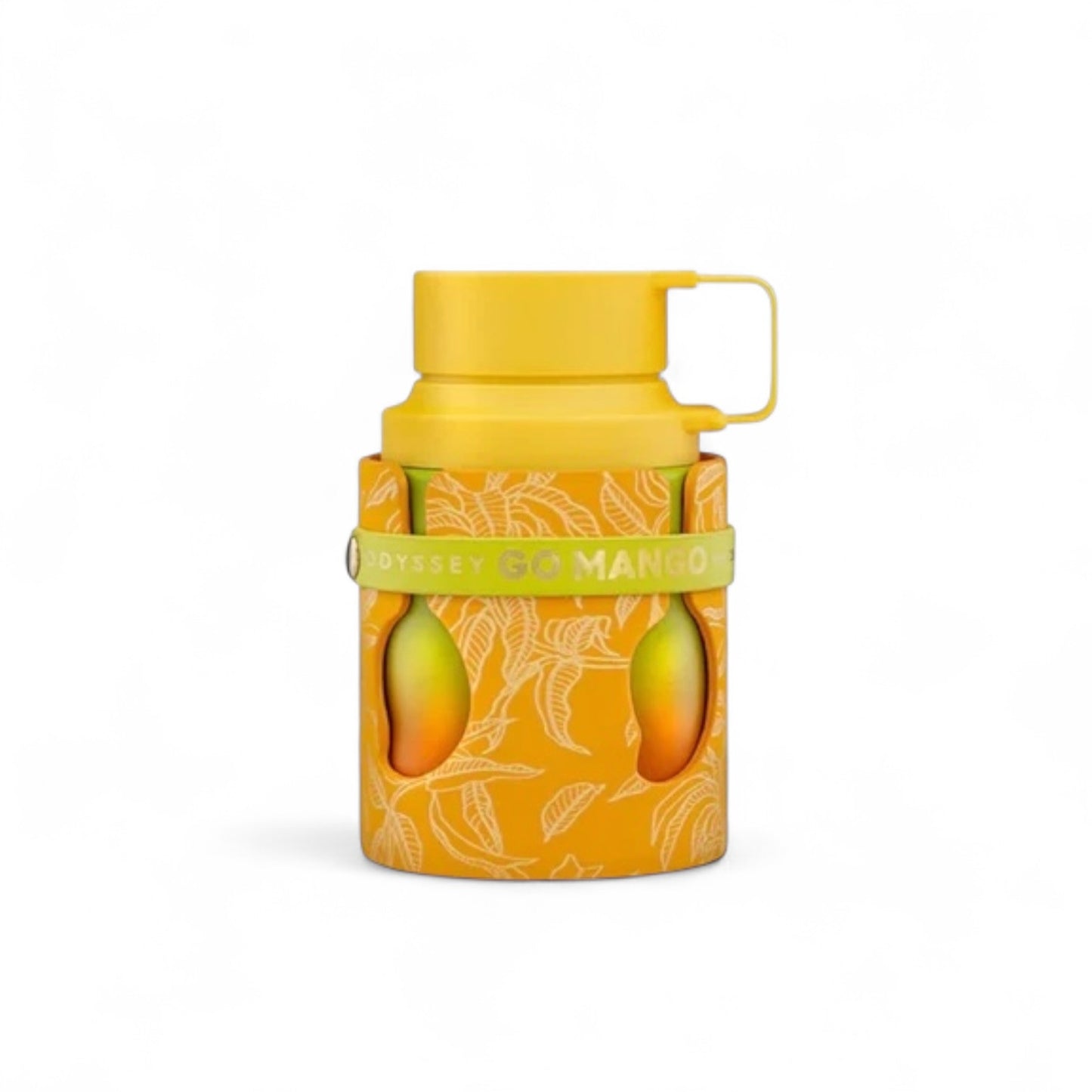 Orijent Parfimerija Go Mango bottle with yellow cap and mango graphics on orange packaging.