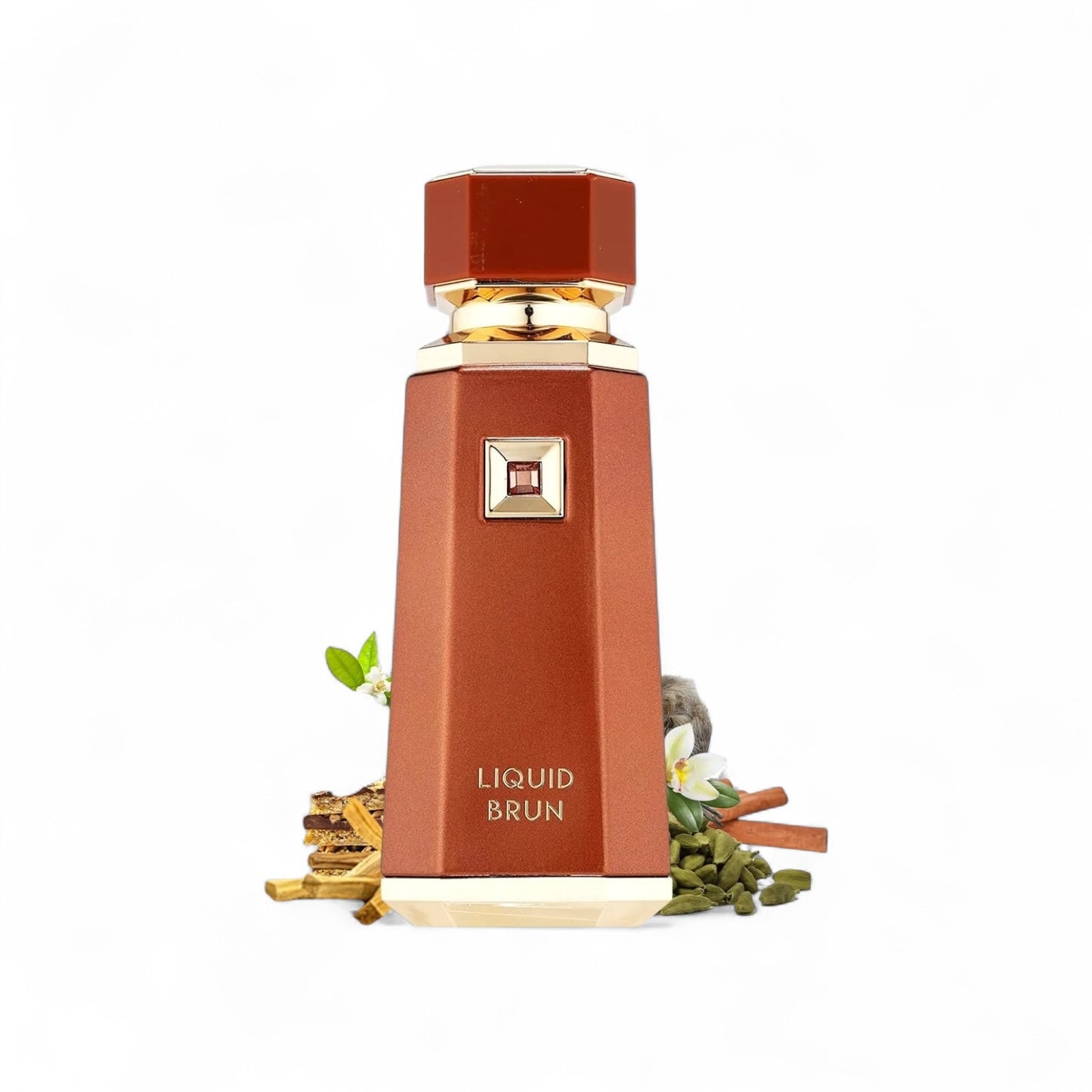 Orijent Parfimerija Lynked by Afnan Eau de Parfum in a metallic bronze bottle with gold accents and a faceted cap. Features cinnamon, cardamom, and floral notes.