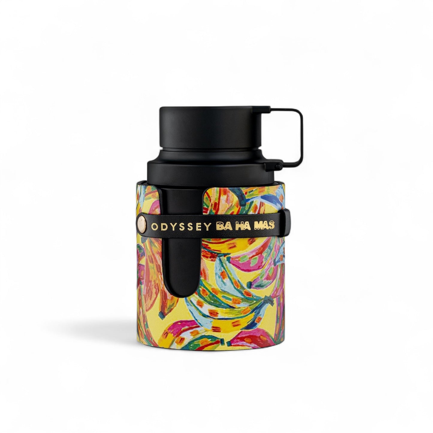 Orijent Parfimerija Odyssey Ba Ha Mas fragrance bottle with a vibrant banana print and black cap.