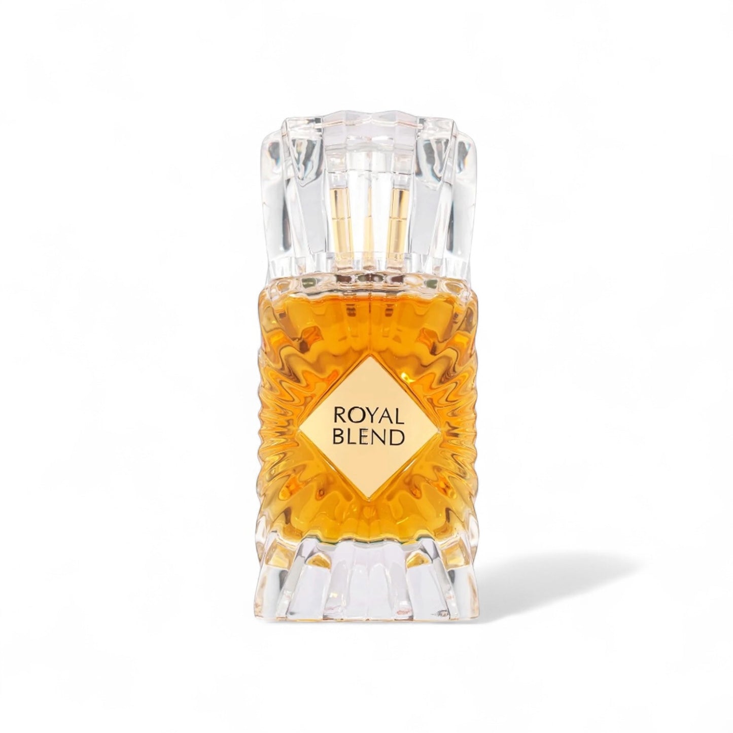 Orijent Parfimerija Royal Blend Eau de Parfum in a clear glass bottle with ornate gold cap and amber liquid.