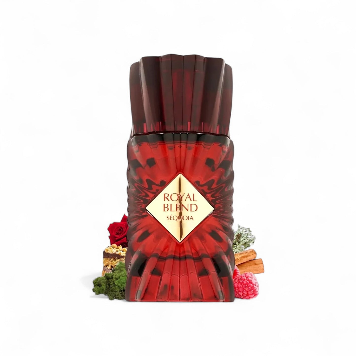 Orijent Parfimerija Royal Blend Sequoia Eau de Parfum in a fluted red glass bottle with gold accents and ornate cap.