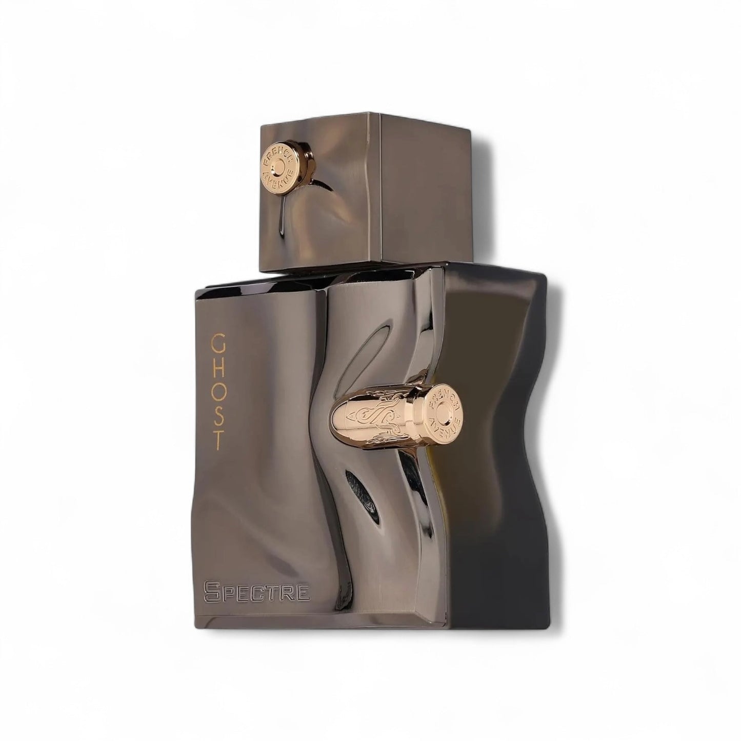 Orijent Parfimerija Spectre Ghost fragrance bottle with metallic gunmetal finish and gold accents.