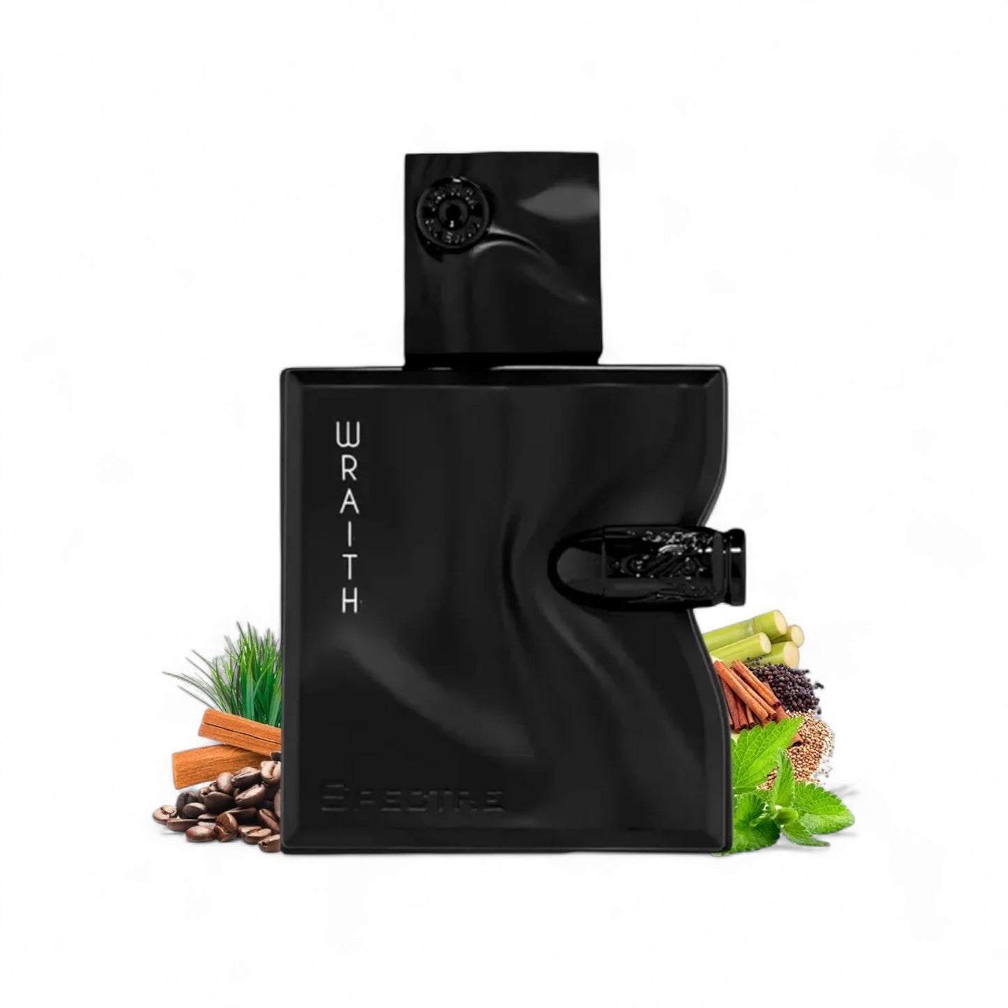 Orijent Parfimerija Wraith Spectre black Eau de Parfum bottle with cinnamon, coffee beans, mint, and sugarcane.